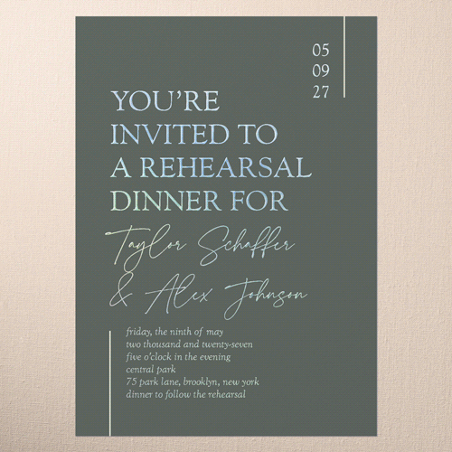 Divine Details Rehearsal Dinner Invitation, Iridescent Foil, Green, 5x7, Matte, Personalized Foil Cardstock, Square, Quarry