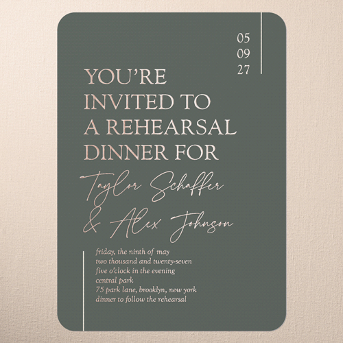 Divine Details Rehearsal Dinner Invitation, Rose Gold Foil, Green, 5x7, Matte, Personalized Foil Cardstock, Rounded, Quarry