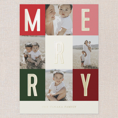 Modern Colorblock Merriment Christmas Card, Gold Foil, Red, 5x7, Christmas, Matte, Personalized Foil Cardstock, Square