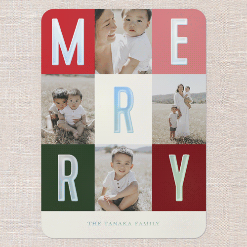 Modern Colorblock Merriment Christmas Card, Iridescent Foil, Red, 5x7, Christmas, Matte, Personalized Foil Cardstock, Rounded, Red