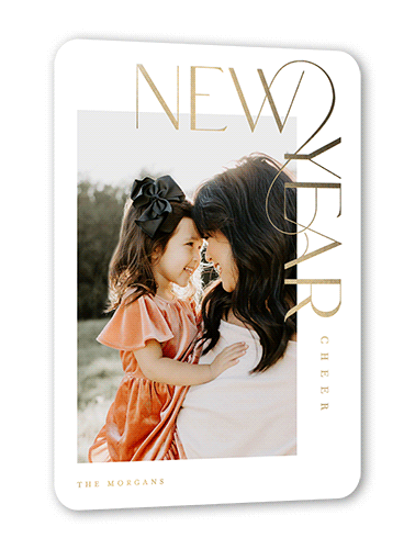 Refined Modern Type New Year's Card, White, Gold Foil, 5x7, New Year, Matte, Personalized Foil Cardstock, Rounded