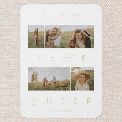 Golden Script Cheer New Year's Card, White, Gold Foil, 5x7, New Year, Matte, Personalized Foil Cardstock, Rounded, White