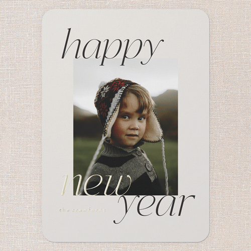 Minimal Joy New Year's Card, White, Gold Foil, 5x7, New Year, Matte, Personalized Foil Cardstock, Rounded, Almond