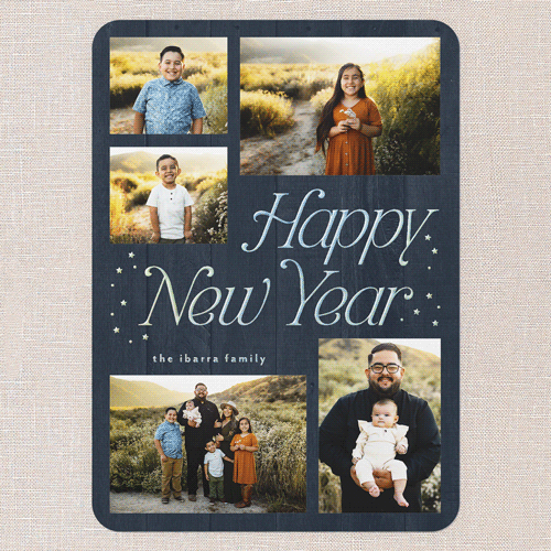 Starry Greeting New Year's Card, Blue, Iridescent Foil, 5x7, New Year, Matte, Personalized Foil Cardstock, Rounded, Blue