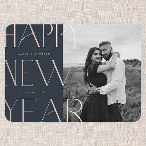 Typographic Shine New Year's Card, Rose Gold Foil, Blue, 5x7, New Year, Matte, Personalized Foil Cardstock, Rounded, Navy