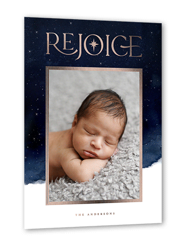 Evening Rejoice Religious Christmas Card, Blue, Rose Gold Foil, 5x7, Religious, Matte, Personalized Foil Cardstock, Square, White
