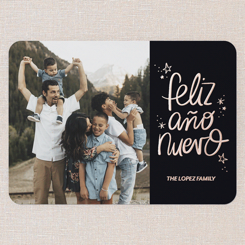 Joyful Year Tarjeta de Navidad, Rose Gold Foil, Black, 5x7, Feliz Navidad, Matte, Personalized Foil Cardstock, Rounded, Black