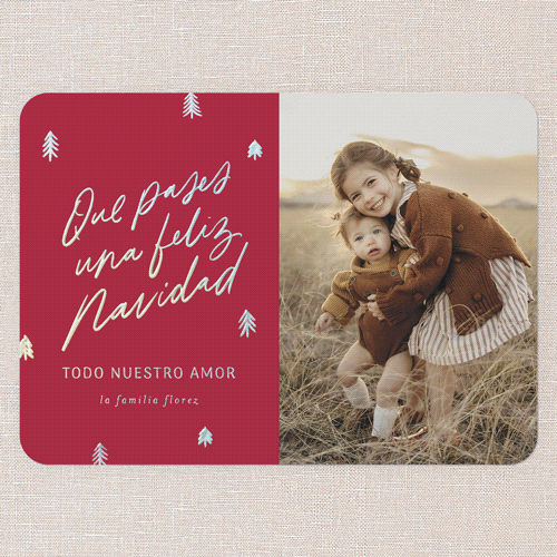 Elegantly Earnest Tarjeta de Navidad, Red, Iridescent Foil, 5x7, Feliz Navidad, Matte, Personalized Foil Cardstock, Rounded, Winterberry