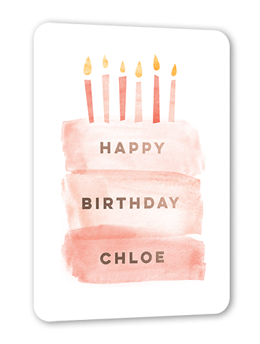 Painted Cake Birthday Card, Pink, Rose Gold Foil, 5x7, Matte, Personalized Foil Cardstock, Rounded, Salmon