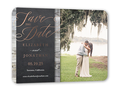 Wood Frame Save The Date, Grey, Rose Gold Foil, 5x7, Matte, Personalized Foil Cardstock, Rounded, Charcoal