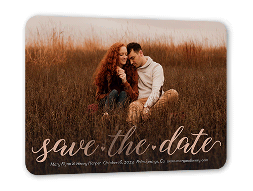 Whimsy Celebration Save The Date, Yellow, Rose Gold Foil, 5x7, Matte, Personalized Foil Cardstock, Rounded, Golden