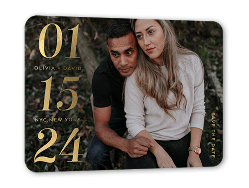 The Proud Date Save The Date, Gold Foil, White, 5x7, Matte, Personalized Foil Cardstock, Rounded