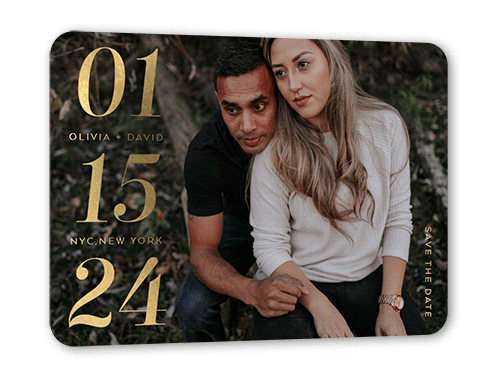 The Proud Date Save The Date, White, Gold Foil, 5x7, Matte, Personalized Foil Cardstock, Rounded, White