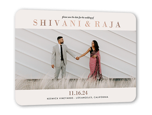 Framed Photo Save The Date, Rose Gold Foil, White, 5x7, Matte, Personalized Foil Cardstock, Rounded
