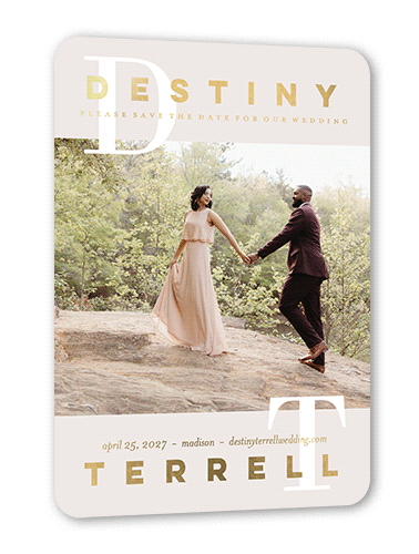 Initial Love  Save The Date, Gold Foil, Gray, 5x7, Matte, Personalized Foil Cardstock, Rounded, Gray