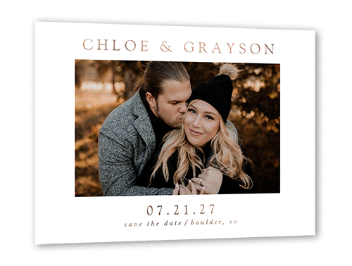 Minimal Styled Save The Date, White, Rose Gold Foil, 5x7, Write Your Own, Matte, Personalized Foil Cardstock, Square, White