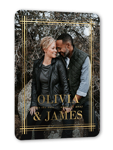 Set Stripe Save The Date, White, Gold Foil, 5x7, Matte, Personalized Foil Cardstock, Rounded, White