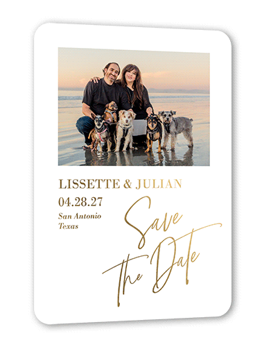 The Signature Date Save The Date, White, Gold Foil, 5x7, Matte, Personalized Foil Cardstock, Rounded