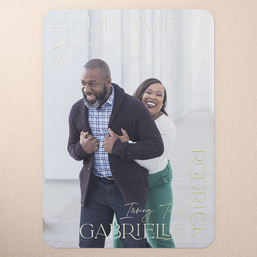 Elegant Surrounding Save The Date, White, Gold Foil, 5x7, Matte, Personalized Foil Cardstock, Rounded