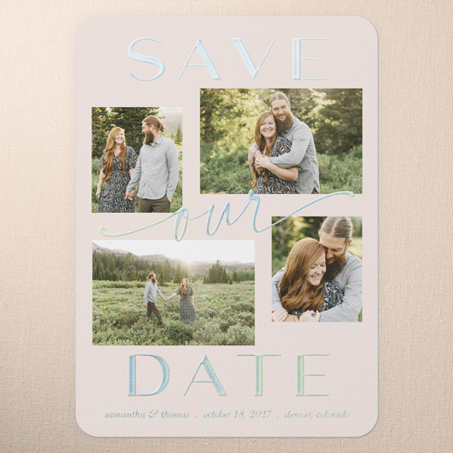 Blissful Framing Save The Date, Iridescent Foil, Pink, 5x7, Matte, Personalized Foil Cardstock, Rounded, Blush Pink