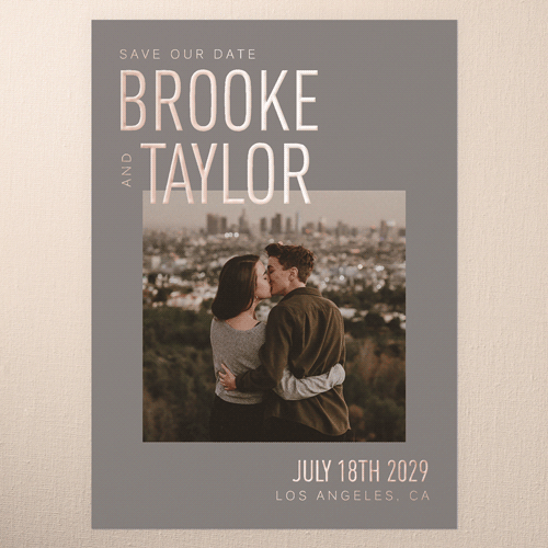 Urban Embrace Save The Date, Rose Gold Foil, Grey, 5x7, Matte, Personalized Foil Cardstock, Square, Warm Gray