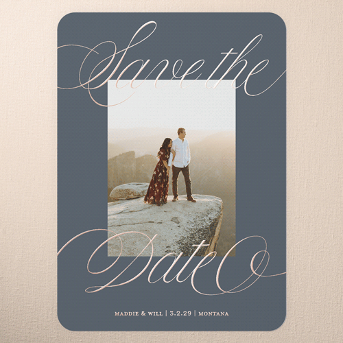 Marvelous Moment Save The Date, Rose Gold Foil, Grey, 5x7, Matte, Personalized Foil Cardstock, Rounded, Gunmetal