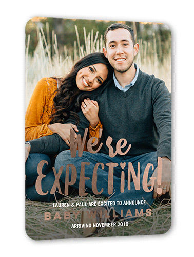 We're Expecting Pregnancy Annoucement, White, Rose Gold Foil, 5x7, Matte, Personalized Foil Cardstock, Rounded