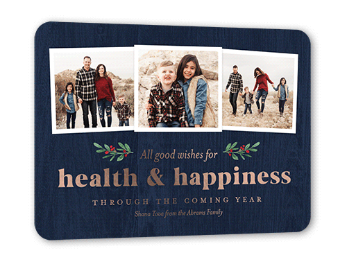 Health and Happiness Rosh Hashanah Card, Blue, Rose Gold Foil, 5x7, Matte, Personalized Foil Cardstock, Rounded