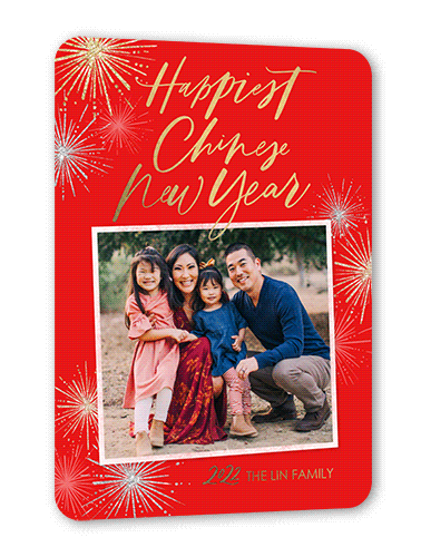Bold Fireworks Lunar New Year Card, Red, Gold Foil, 5x7, Matte, Personalized Foil Cardstock, Rounded