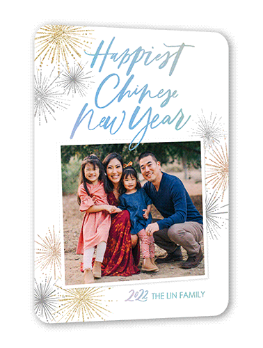 Bold Fireworks Lunar New Year Card, Iridescent Foil, White, 5x7, Matte, Personalized Foil Cardstock, Rounded