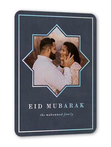 Star Photo Eid Card, Iridescent Foil, Blue, 5x7, Matte, Personalized Foil Cardstock, Rounded