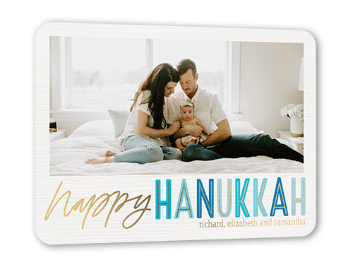 Joy Type Hanukkah Card, White, Gold Foil, 5x7, Hanukkah, Matte, Personalized Foil Cardstock, Rounded