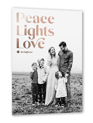 Peace Lights Hanukkah Card, Rose Gold Foil, White, 5x7, Hanukkah, Matte, Personalized Foil Cardstock, Square