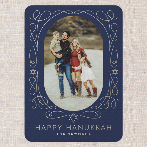 Gilded Swirl Frame Hanukkah Card, Blue, Gold Foil, 5x7, Hanukkah, Matte, Personalized Foil Cardstock, Rounded, Nautical