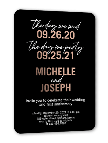 Bold Dates Wedding Anniversary Invitation, Rose Gold Foil, Black, 5x7, Matte, Personalized Foil Cardstock, Rounded