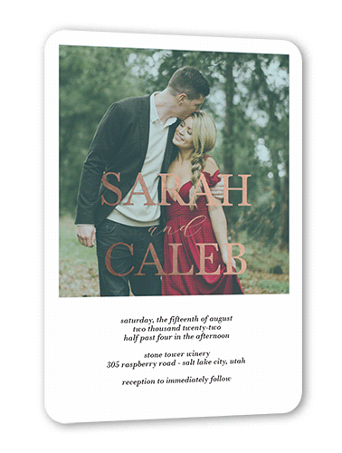 Brilliant Overlay Wedding Invitation, Rose Gold Foil, Blue, 5x7, Matte, Personalized Foil Cardstock, Rounded