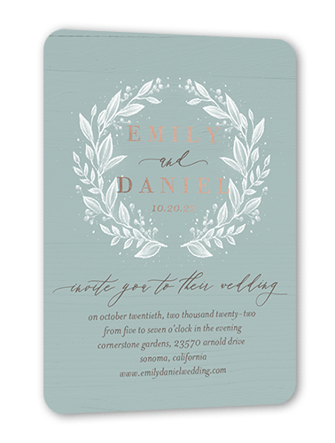 Garland Bliss Wedding Invitation, Rose Gold Foil, Green, 5x7, Matte, Personalized Foil Cardstock, Rounded