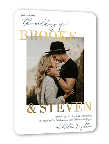 Modern Photo Wedding Invitation, Gold Foil, White, 5x7, Matte, Personalized Foil Cardstock, Rounded, White
