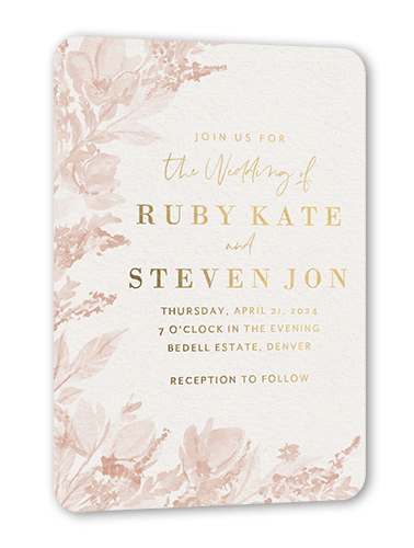 Dusty Blooms Wedding Invitation, Pink, Gold Foil, 5x7, Matte, Personalized Foil Cardstock, Rounded