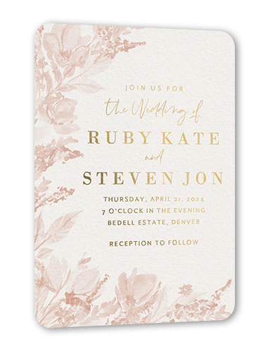 Dusty Blooms Wedding Invitation, Pink, Gold Foil, 5x7, Matte, Personalized Foil Cardstock, Rounded, Desert Rose