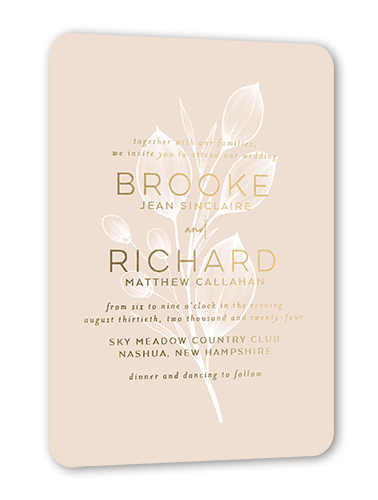 Novel Matrimony Wedding Invitation, Gold Foil, Beige, 5x7, Matte, Personalized Foil Cardstock, Rounded, Adobe Blush