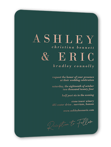 Elegant Formula Wedding Invitation, Green, Rose Gold Foil, 5x7, Matte, Personalized Foil Cardstock, Rounded
