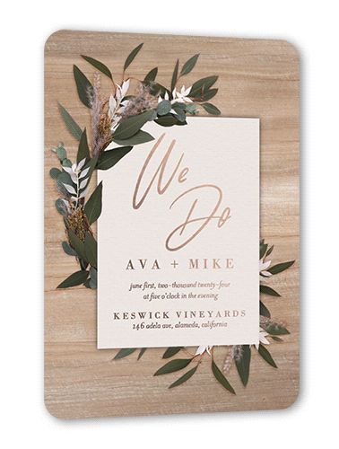 Rustic Foliage Wedding Invitation, Rose Gold Foil, Beige, 5x7, Matte, Personalized Foil Cardstock, Rounded