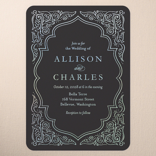 Filigree Border Wedding Invitation, Iridescent Foil, Grey, 5x7, Matte, Personalized Foil Cardstock, Rounded
