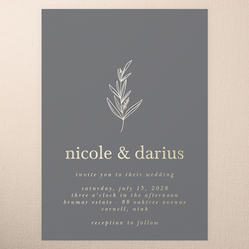 Sweet Leaf Wedding Invitation, Grey, Gold Foil, 5x7, Matte, Personalized Foil Cardstock, Square, Steel