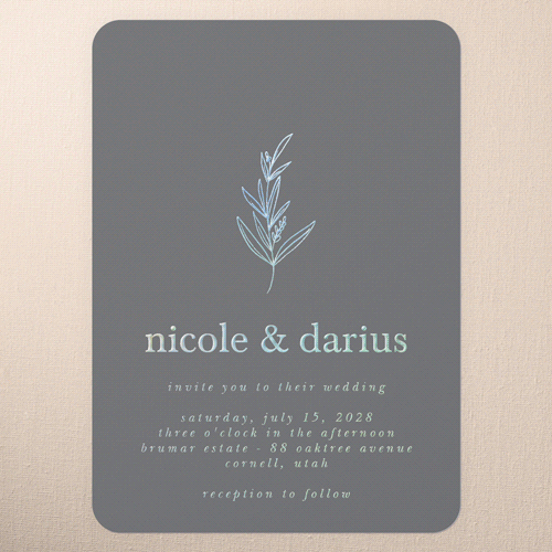 Sweet Leaf Wedding Invitation, Iridescent Foil, Grey, 5x7, Matte, Personalized Foil Cardstock, Rounded