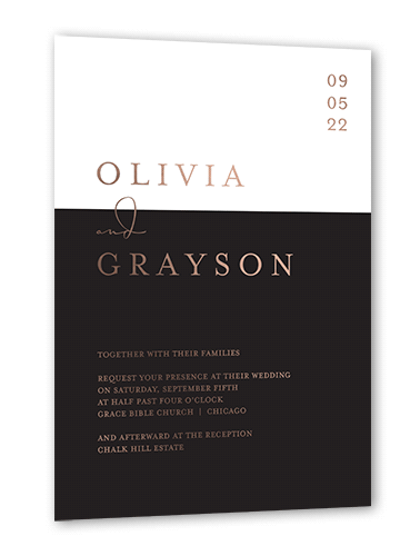 Dazzling Duet Wedding Invitation, Rose Gold Foil, Black, 5x7, Matte, Personalized Foil Cardstock, Square, Black