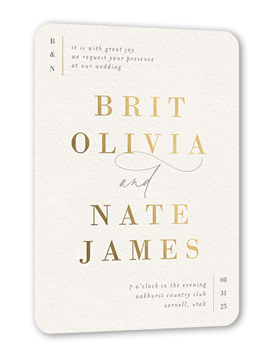 Gleaming Gathering Wedding Invitation, Beige, Gold Foil, 5x7, Matte, Personalized Foil Cardstock, Rounded