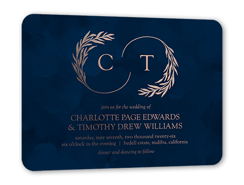 Reflective Rings Wedding Invitation, Rose Gold Foil, Blue, 5x7, Matte, Personalized Foil Cardstock, Rounded