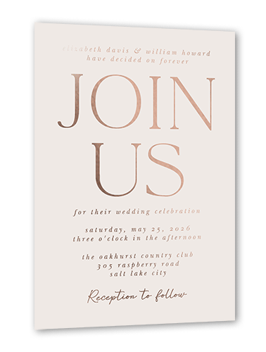 Brightly Joined Wedding Invitation, Beige, Rose Gold Foil, 5x7, Matte, Personalized Foil Cardstock, Square, White